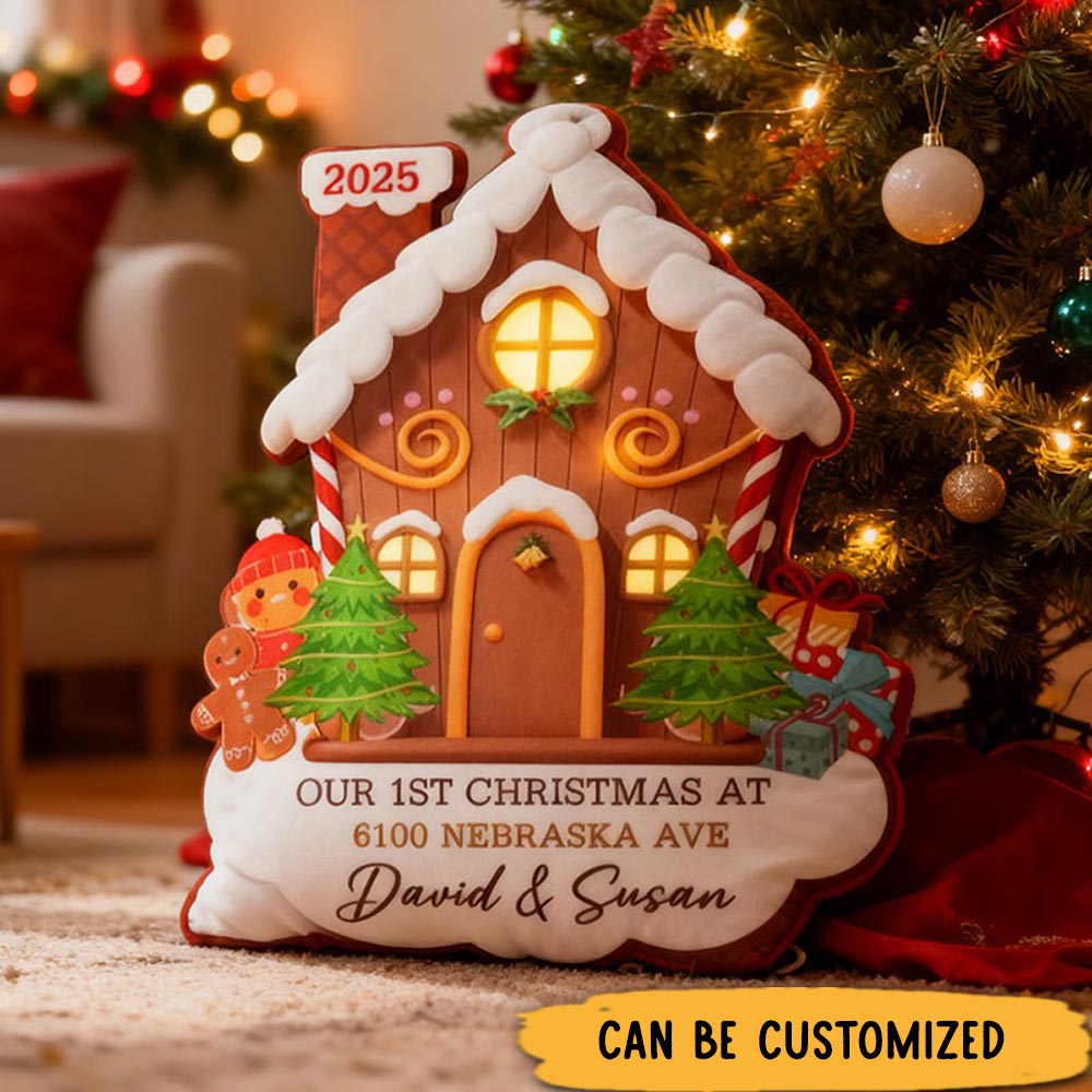 Personalized Holiday Pillow Graphic 3D Print Custom Names and Address Cozy Christmas Decor with Gingerbread House Soft Accent Cushion New Home Gift
