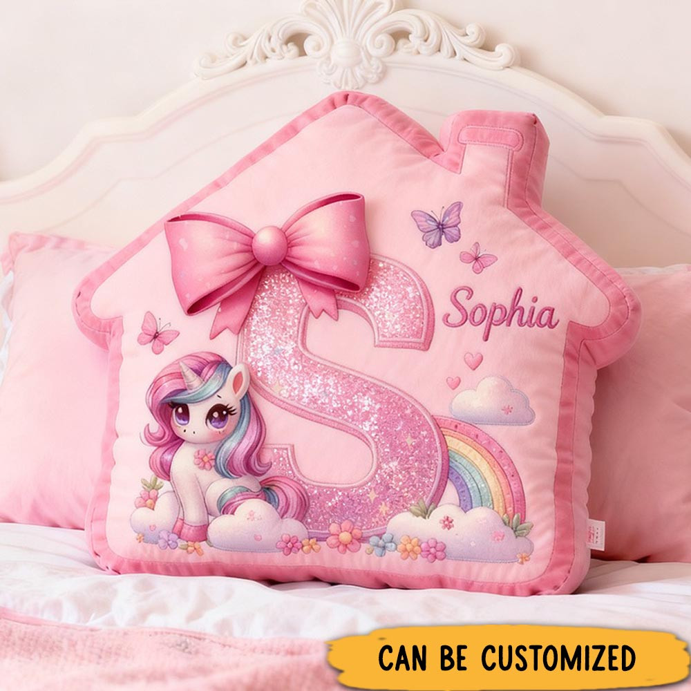 Personalized House Pillow Pink House Shaped 26 Letters Custom Name Design Perfect for Girl's Bedroom Decor and Gift Idea Graphic 3D Print