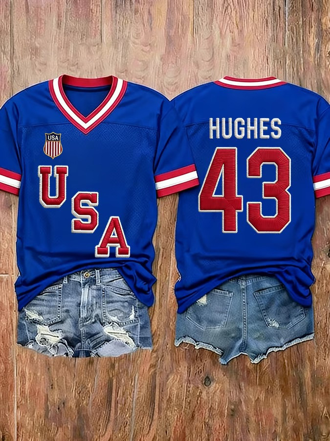 Personalized Hughes 43 USA Hockey Fan Jersey V-Neck T-Shirt Team USA Best Gift For Hockey Supporters