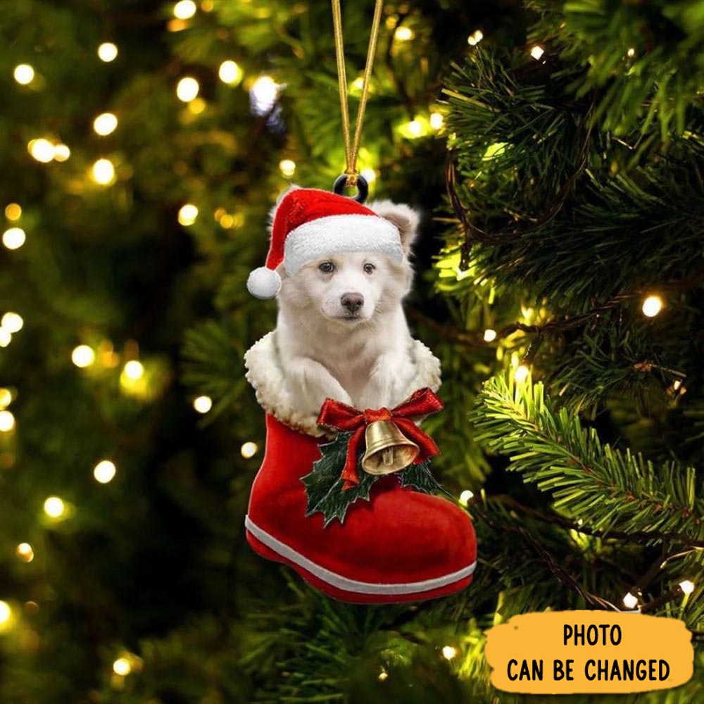 Personalized Icelandic Sheepdog In Santa Boot Christmas Hanging Ornament Custom Christmas Ornament Gift Idea