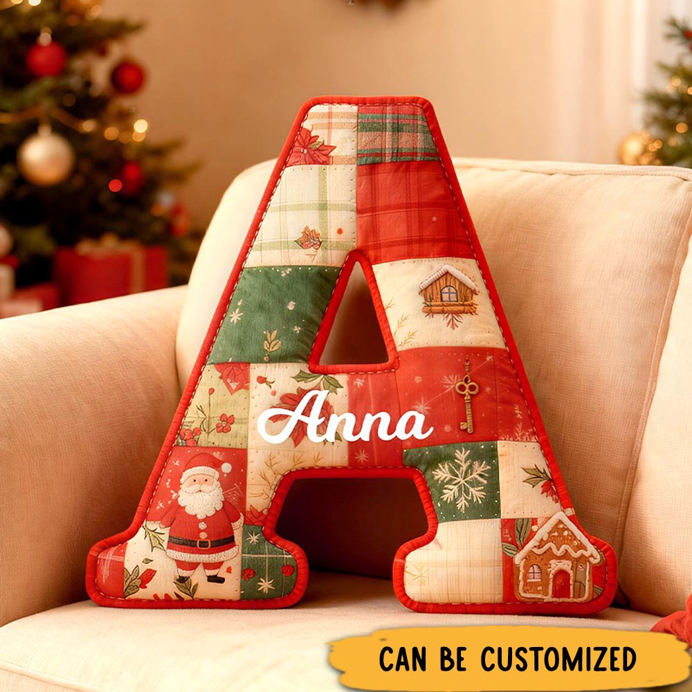 Personalized Initial Pillow Graphic 3D Print Christmas Patchwork Letters Custom Name Pillow Festive Holiday Decor Housewarming Gift for Family and Kids
