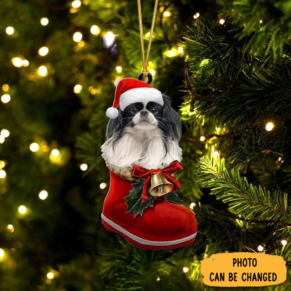 Personalized Japanese Chin In Santa Boot Christmas Hanging Ornament Magical Christmas Tree Ornament
