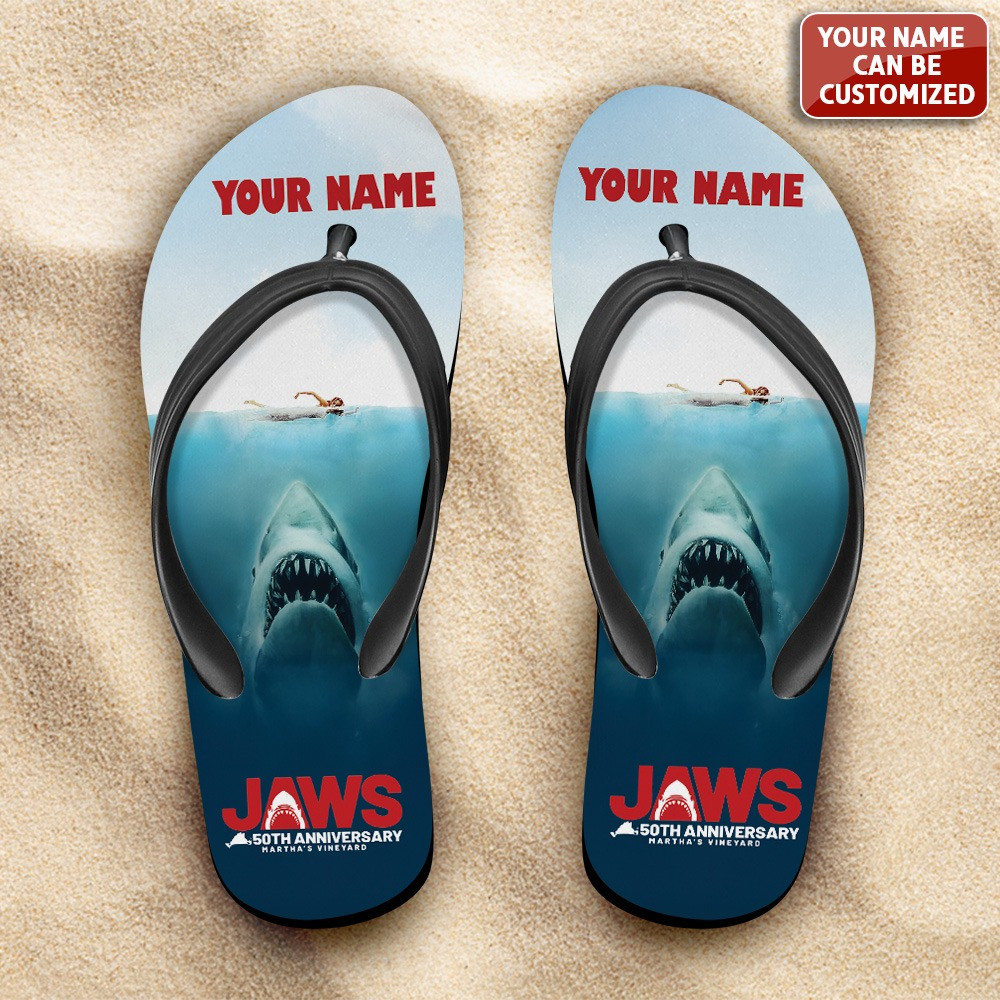 Personalized Jaws 50th Anniversary Movie Flip Flop Gifts For Movie Fan Lovers