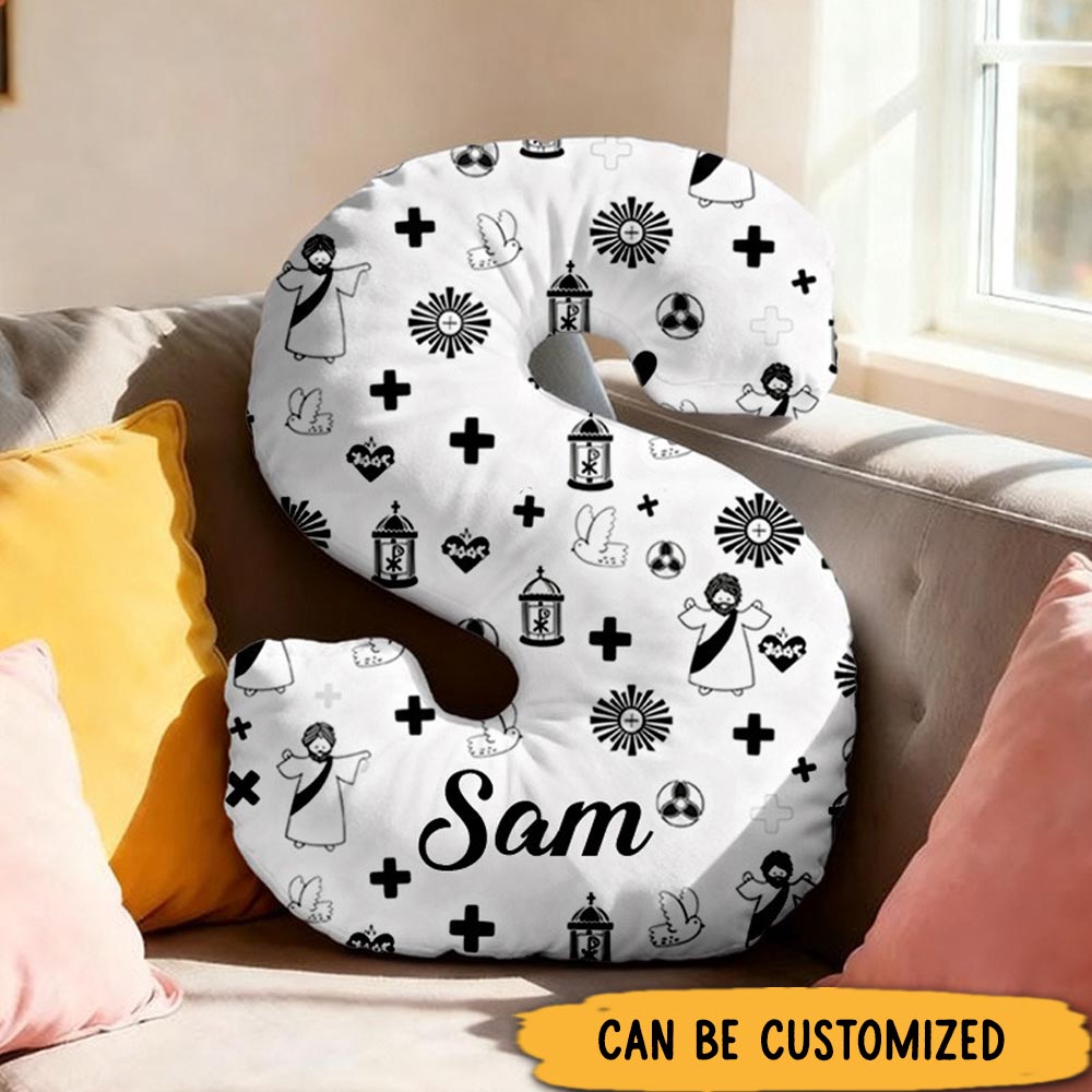 Personalized Jesus Cross Letter Pillow with Custom Name Home Decor Religious Pillow Catholic Gift Faith Gift