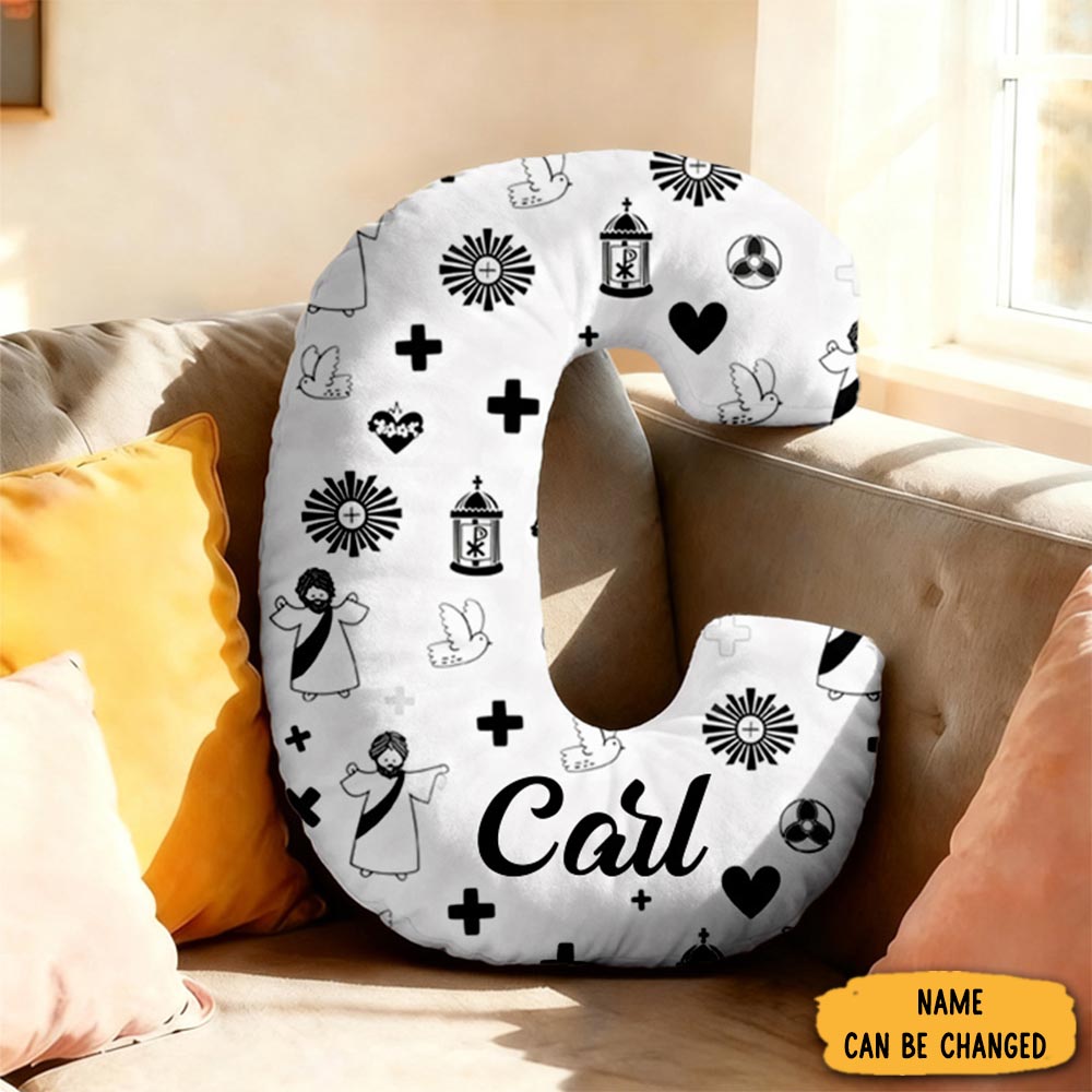 Personalized Jesus Cross Letter Pillow With Custom Name Home Decor Religious Pillow Catholic Gift Faith Gift