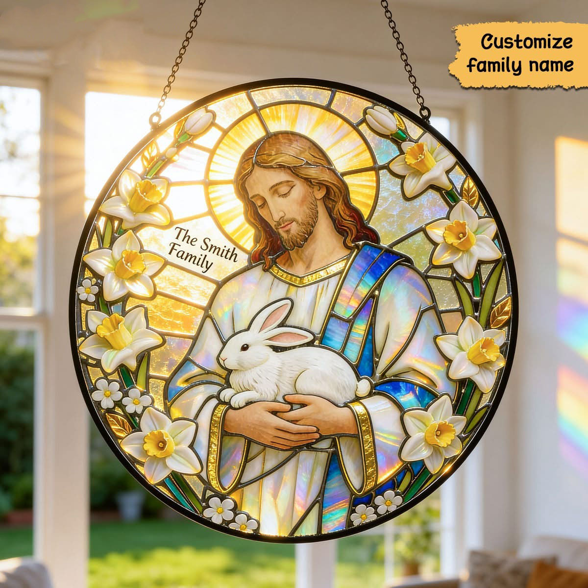Personalized Jesus Easter Stained Glass Suncatcher Family Name Daffodil Best Gift For Jesus Believers