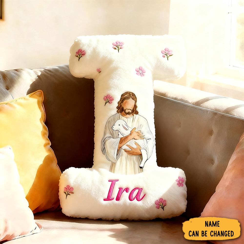 Personalized Jesus Holding Lamb Letter Pillow With Custom Name Home Decor Christian Pink Floral Pillow Religious Gift For Her