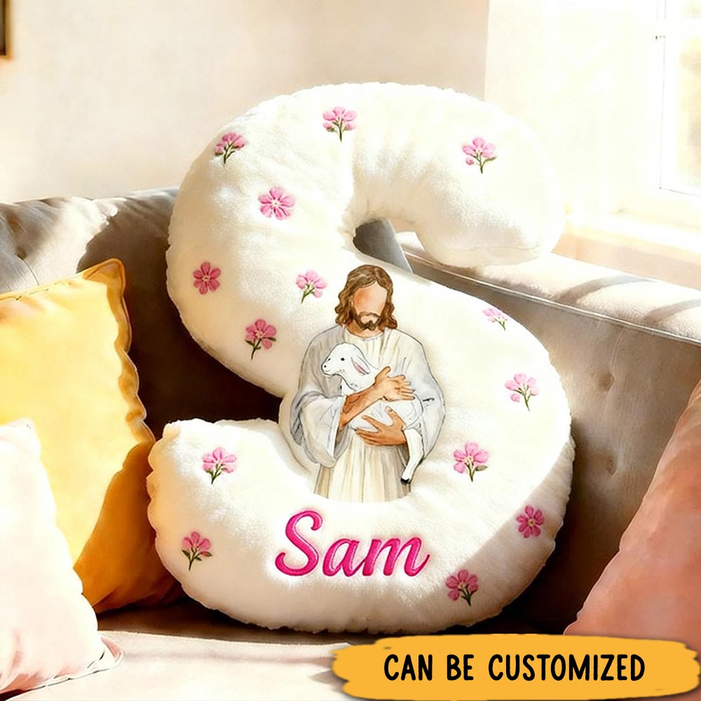 Personalized Jesus Holding Lamb Letter Pillow with Custom Name Home Decor Christian Pink Floral Pillow Religious Gift for Her