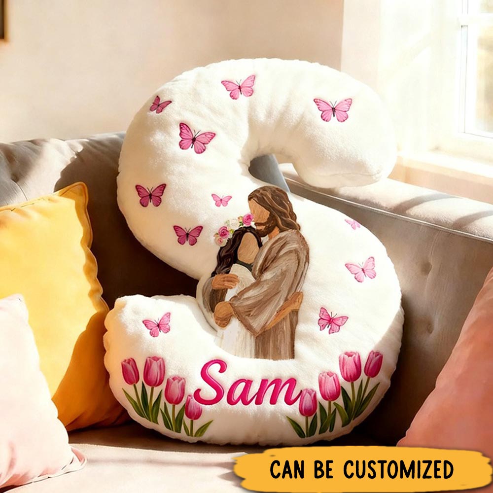 Personalized Jesus Holding Letter Pillow with Custom Name Kid Room Decor Pink Butterflies and Tulips Christian Pillow Religious Gift for Her
