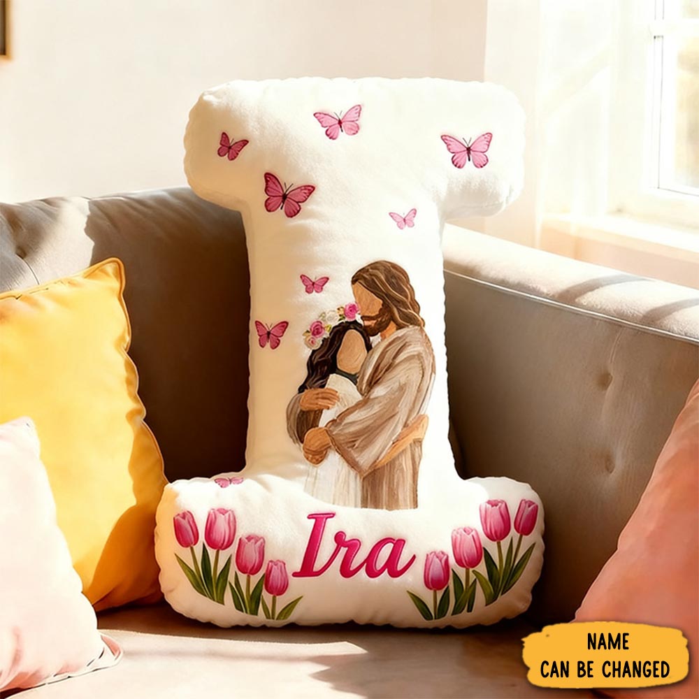 Personalized Jesus Holding Letter Pillow With Custom Name Kid Room Decor Pink Butterflies And Tulips Christian Pillow Religious Gift For Her