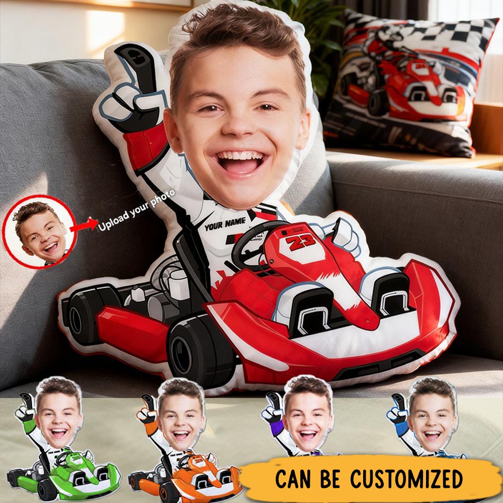 Personalized Kart Racing Custom Face Pillow Custom Name and Color Race Car Driver Shaped Cushion Gift for Racing and Car Lovers
