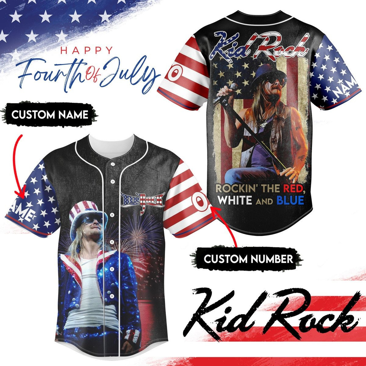 Personalized Kid Rock The Red White And Blue Happy Fourth Of July Jersey Gifts For Music Lovers