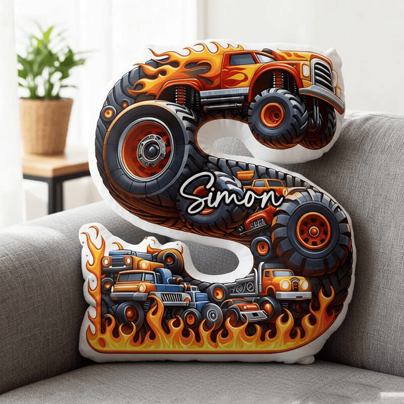Personalized Letter Cartoon Truck Pattern Pillow Living Room Decor Gift For Truck Enthusiast