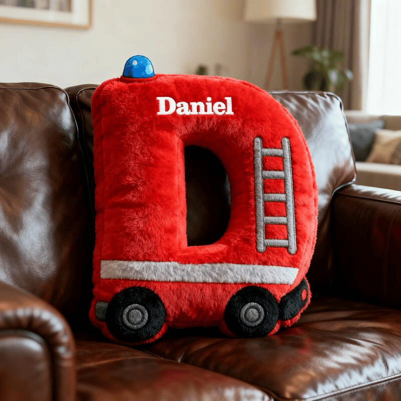 Personalized Letter Fire Truck Pattern Pillows Living Room Decor Gifts For Him