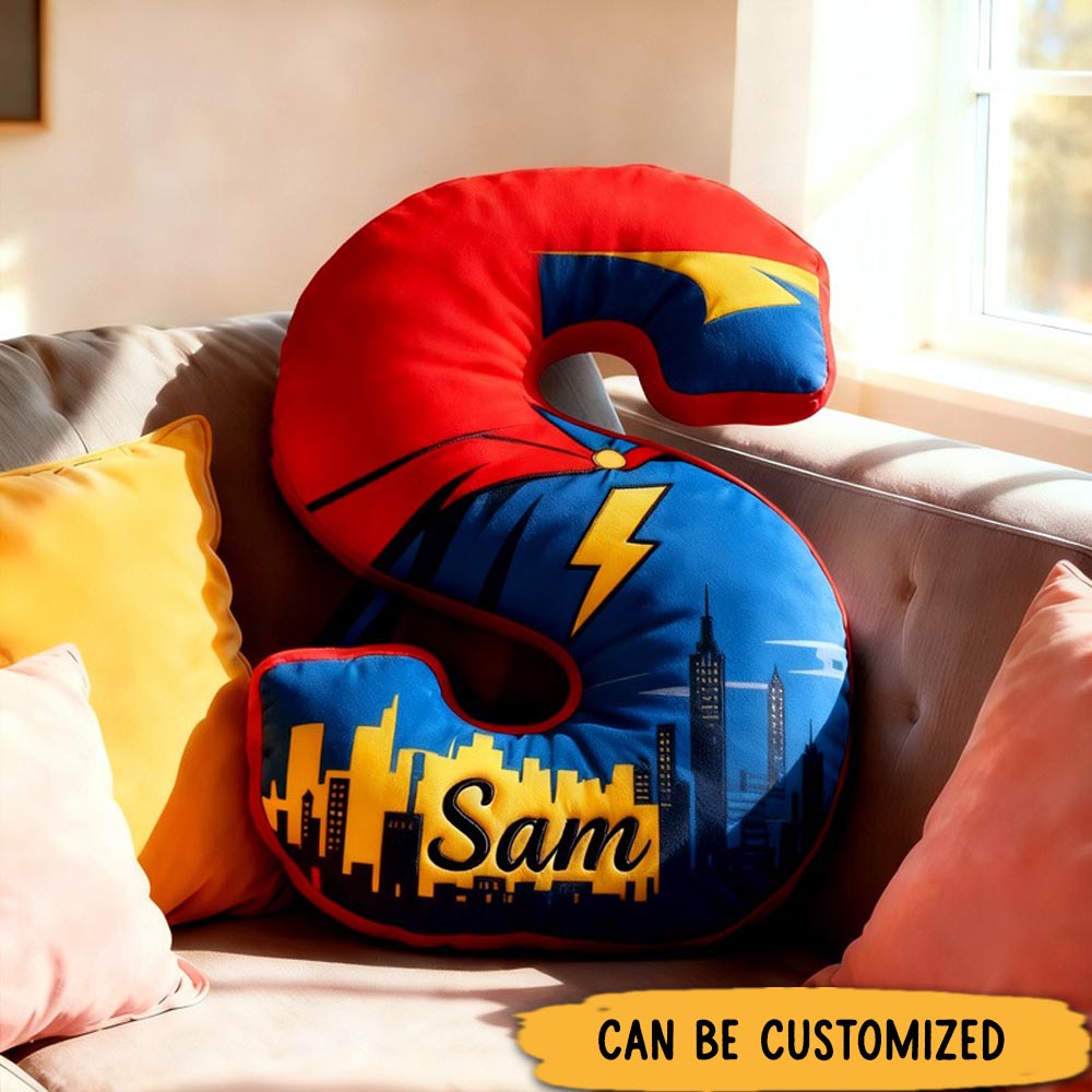 Personalized Letter Name Custom Kids Gift Blue Red Lightning City Skyline Bold Fun Decorative Graphic 3D Print Pillow