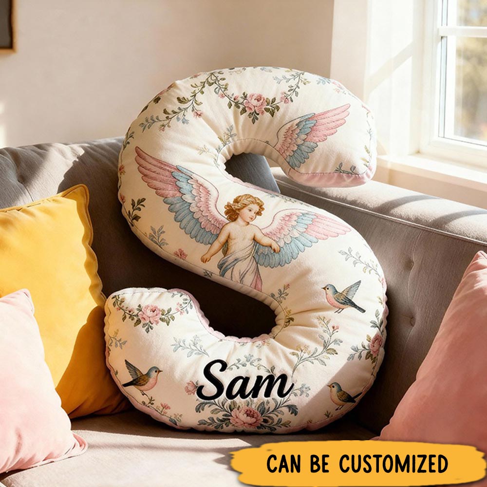 Personalized Letter Pillow Graphic 3D Print Angle Wings Custom Name Design Pillow for Family Gift