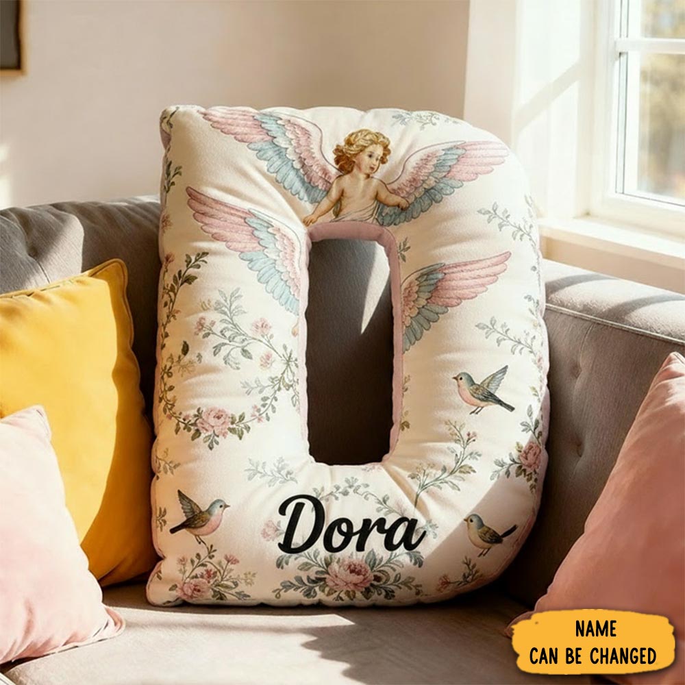Personalized Letter Pillow Graphic 3d Print Angle Wings Custom Name Design Pillow For Family Gift