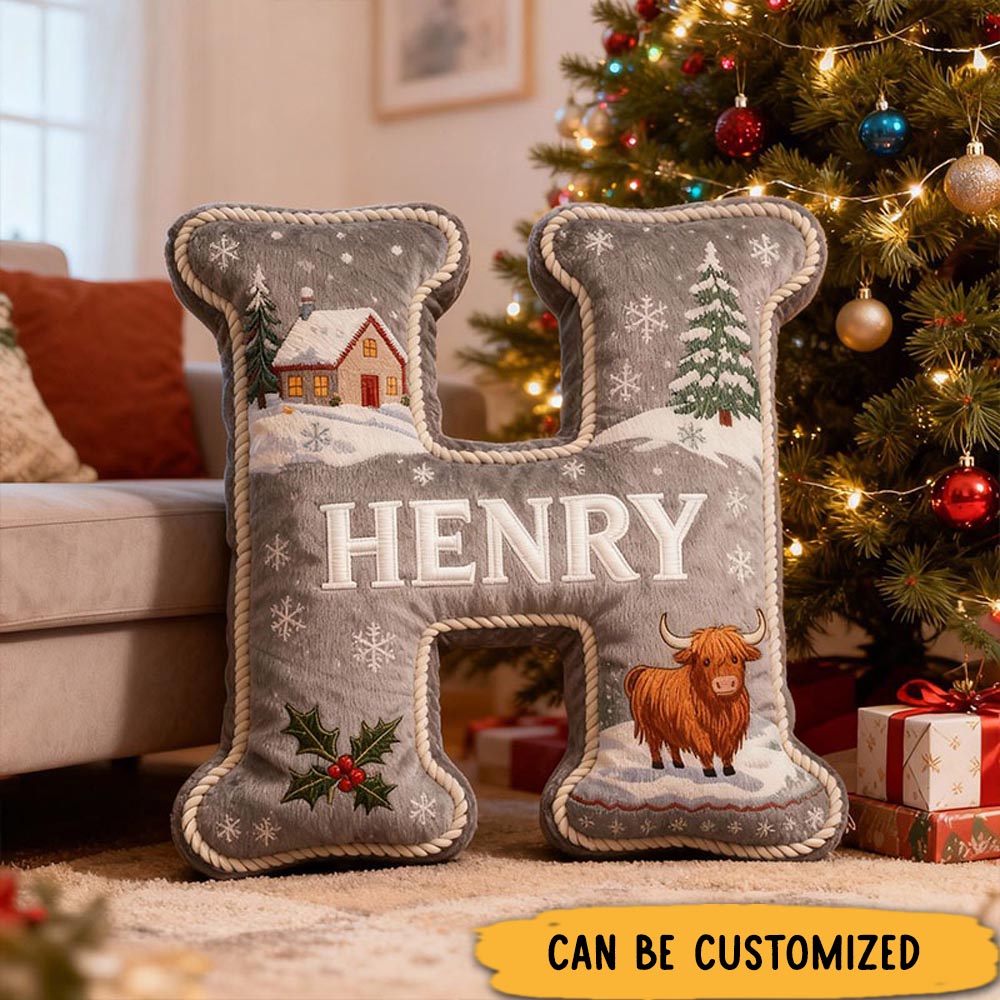 Personalized Letter Pillow Graphic 3D Print Custom Name Cozy Holiday Decor with Festive Winter Scene and Highland Cow Design Christmas Gifts