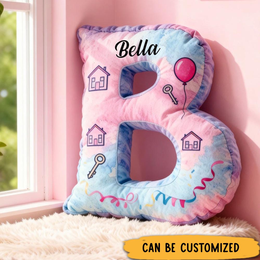 Personalized Letter Pillow Graphic 3D Print Custom Name Cozy Home Decor with Colorful House and Balloon Design Soft Letter-Shaped Cushion Fun Gift