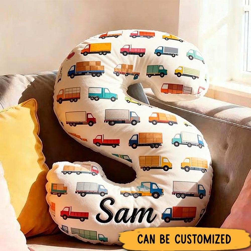 Personalized Letter Pillow Graphic 3D Print Custom Name Design Soft Decorative Cushion with Colorful Trucks Fun Gift for Kids Moving Gift