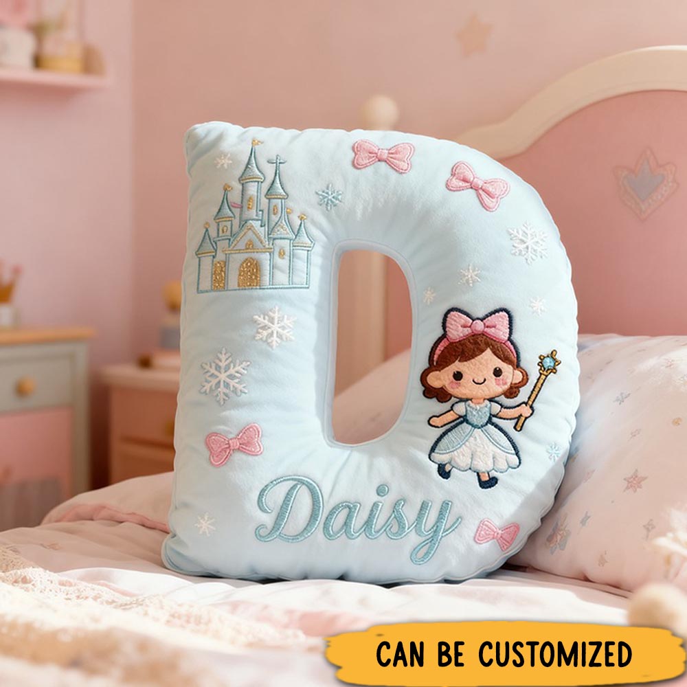 Personalized Light Blue Letter Christmas Gift Pillow with Castle Bow Accents and Fairy Princess Design for a Magical and Whimsical Touch 3D Print Pillow