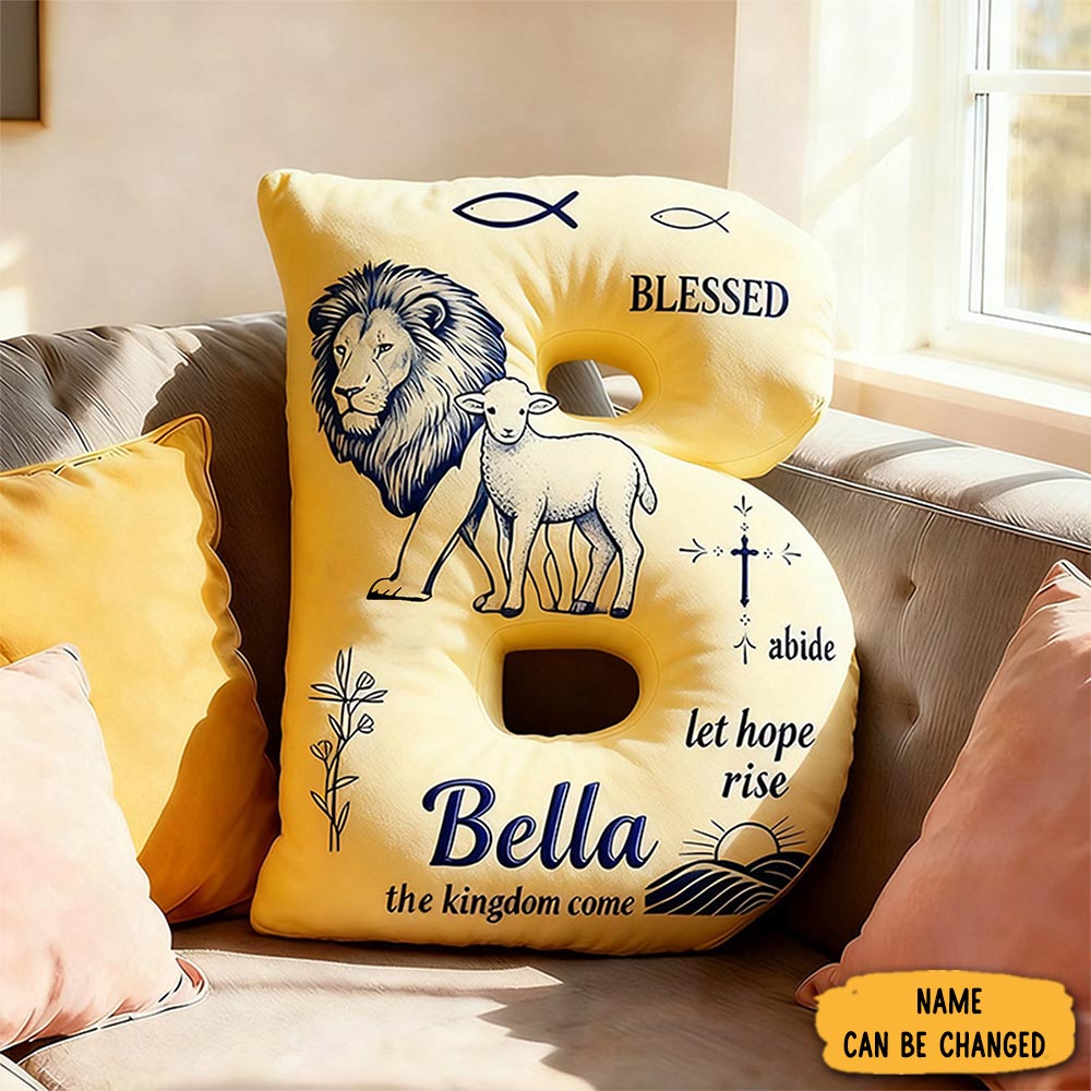 Personalized Lion And Lamb Blessed Letter Pillow With Custom Name Home Decor Fish Cross Olive Branch Pillow Religious Christian Gift
