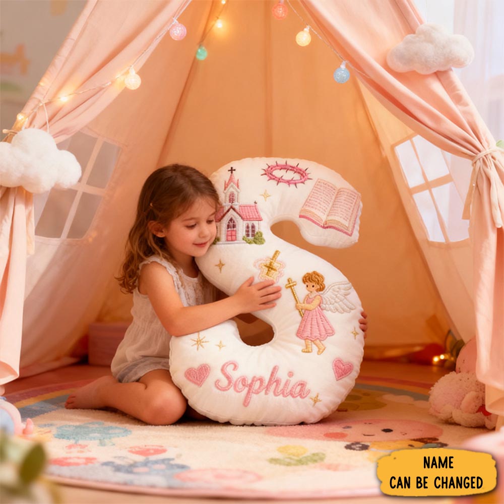 Personalized Little Angel Letter Pillow With Custom Name Kid Room Decor Church Cross Angel Bible Religious Faith Gift For Her Graphic 3d Print Pillow