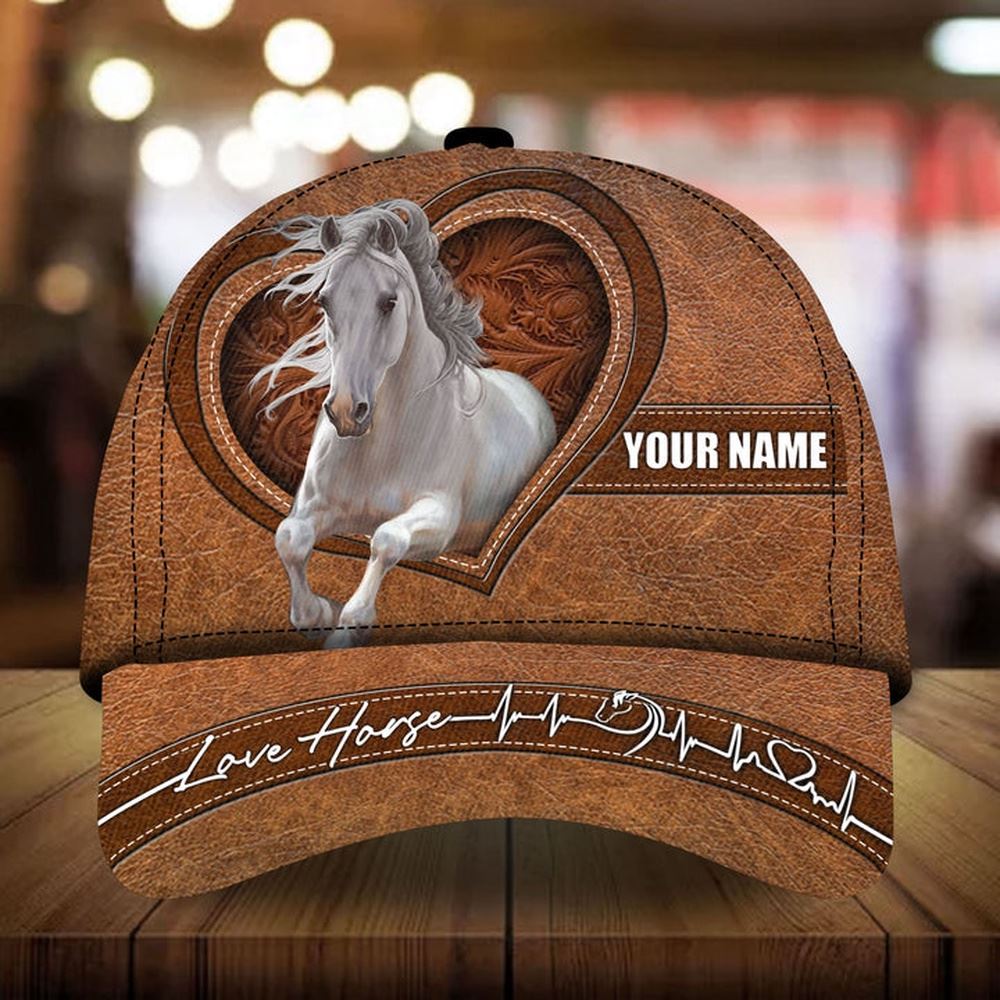 Personalized Love White Horse Family Art Leather Horseshoes Pattern Cap Farmer Baseball Cap