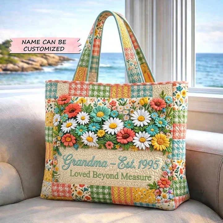 Personalized Loved Beyond Measure Daisy Quilted Tote Bag Personalized Floral Custom Mother Day's Gift Ideas
