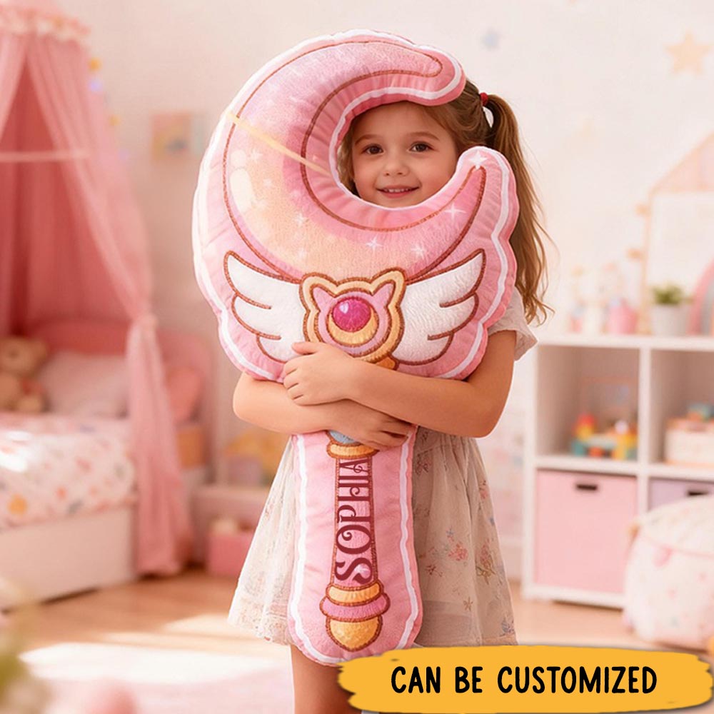Personalized Magical Wand Moon Shape Custom Name Soft Decorative Gift Fantasy Princess Style Cozy Girls Room Dreamy Pink Graphic 3D Print Pillow