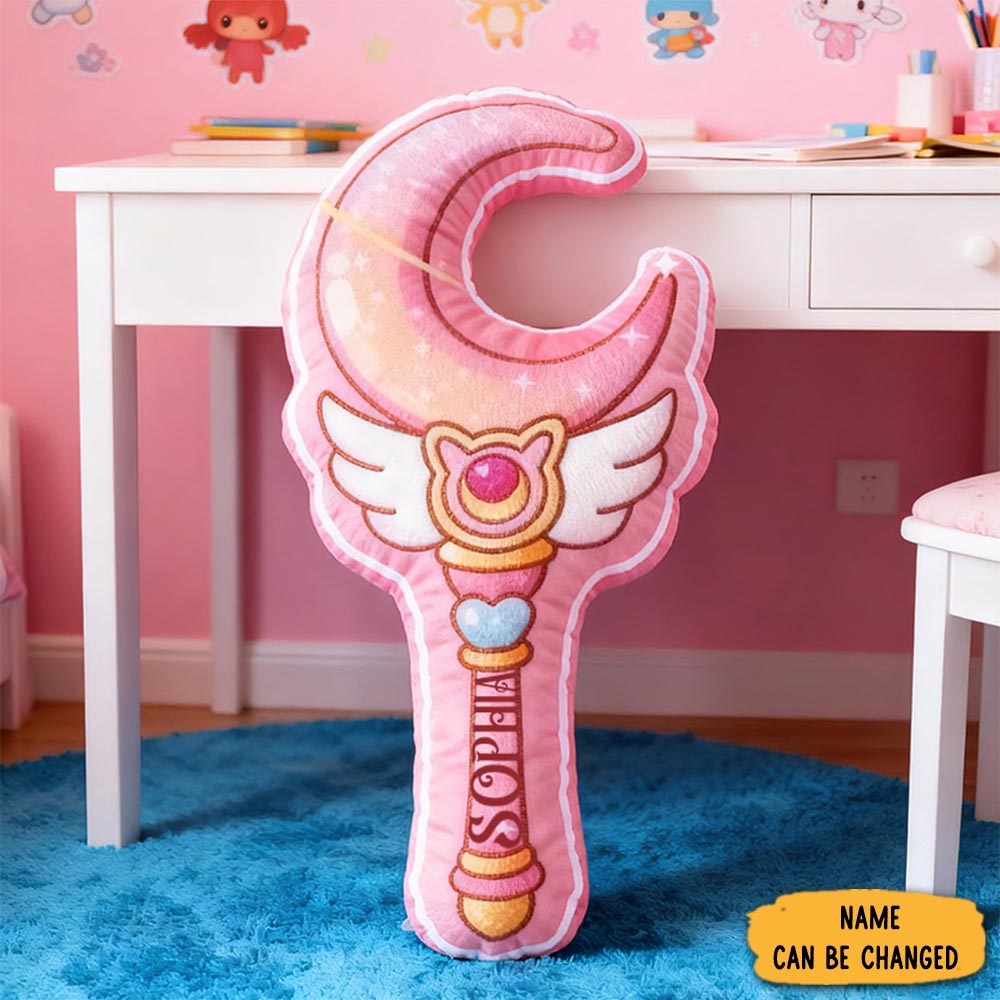 Personalized Magical Wand Moon Shape Custom Name Soft Decorative Gift Fantasy Princess Style Cozy Girls Room Dreamy Pink Graphic 3d Print Pillow