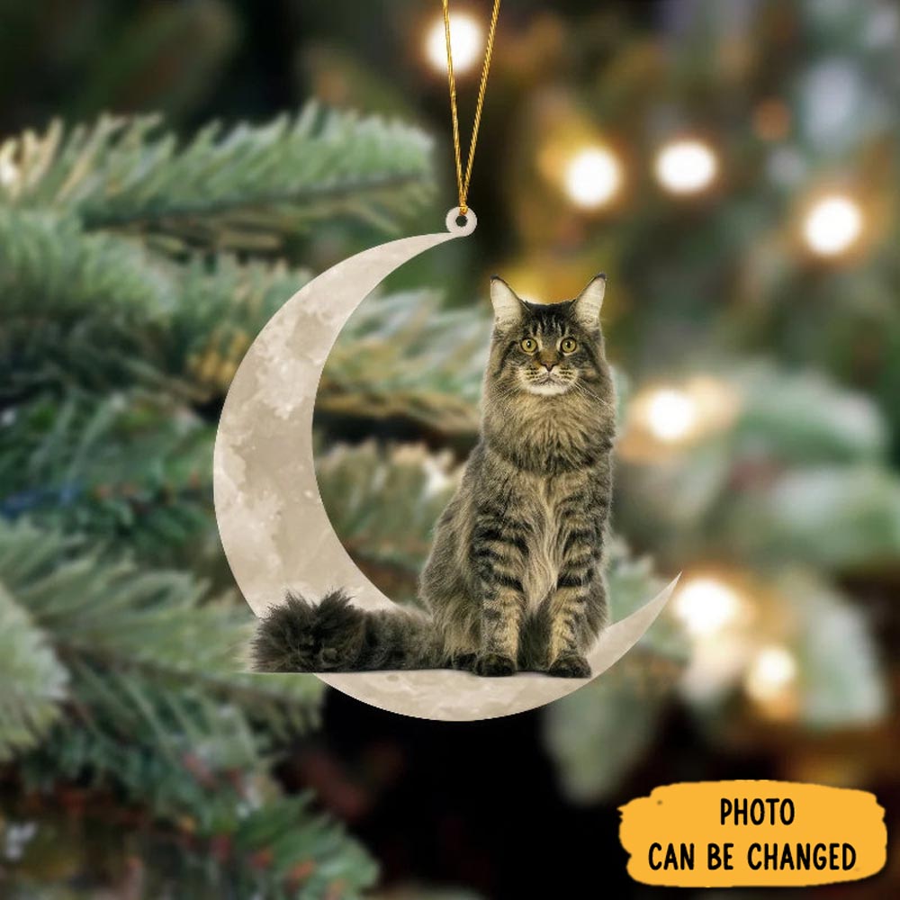 Personalized Maine Coon Cat Sits On The Moon Hanging Ornament Joyful Holiday Season Ornament Gift