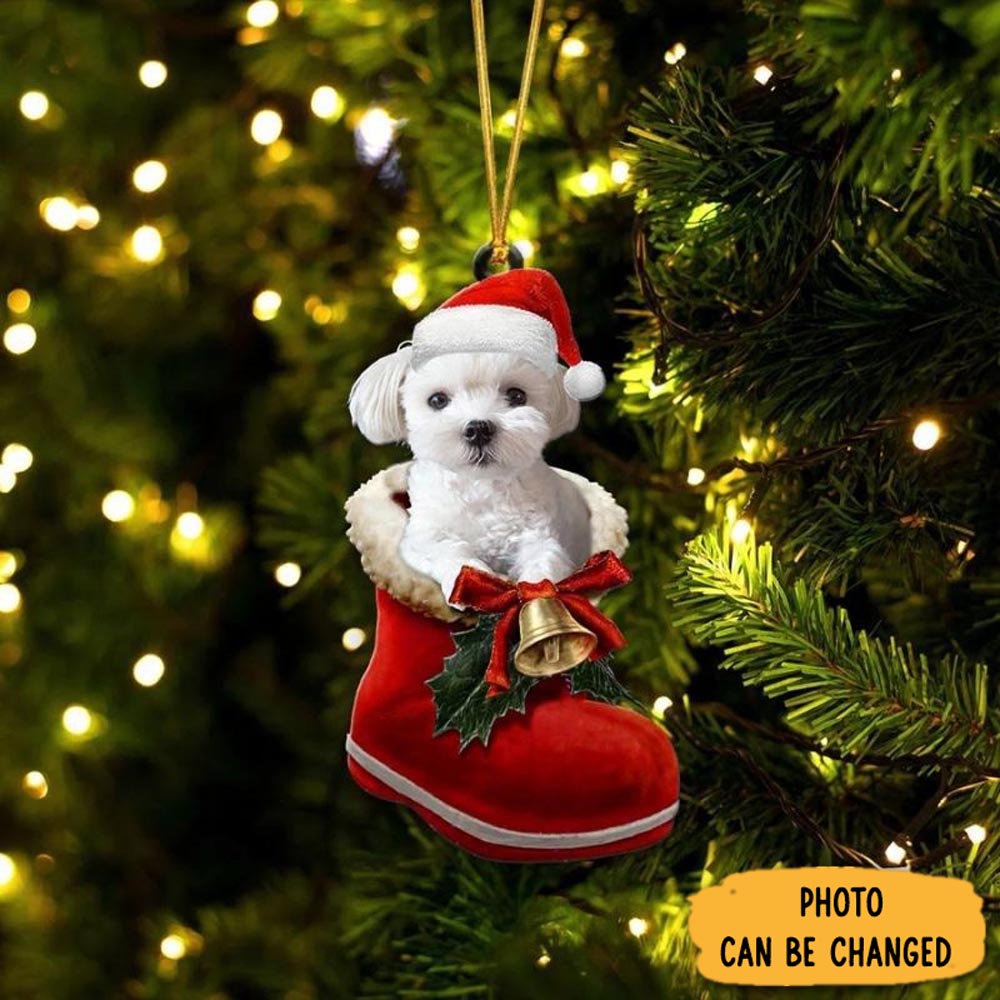 Personalized Maltese In Santa Boot Christmas Hanging Ornament Beautiful Holiday Ornament Keepsake