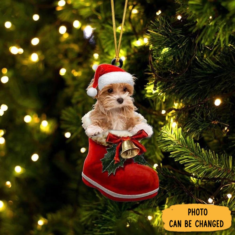 Personalized Maltipoo In Santa Boot Christmas Hanging Ornament Heartwarming Family Ornament Keepsake