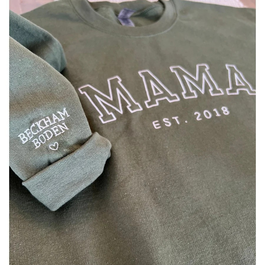 Personalized Mama Est Sweatshirt Embroidered Name Sleeve Crewneck Gift for Mom