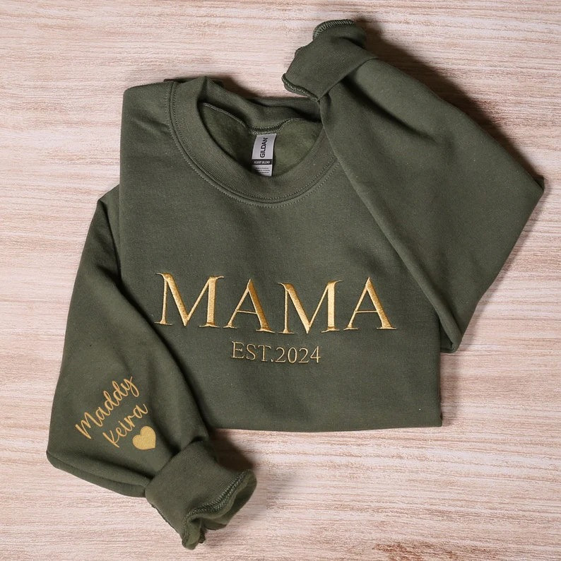 Personalized Mama Est Sweatshirt Family Name Sleeve Crewneck Gift for Mom