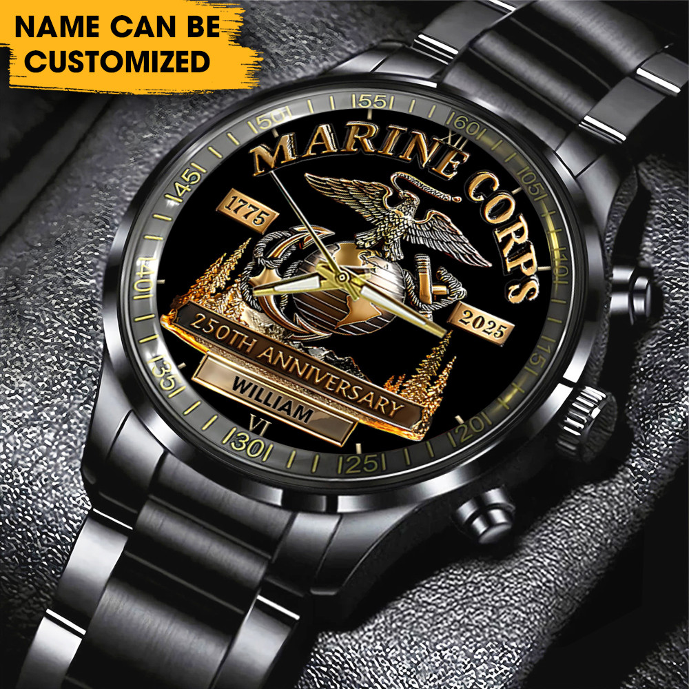 Personalized Marine Corps 250th Anniversary Steel Watch USMC Merch Patriotic Gifts For Men
