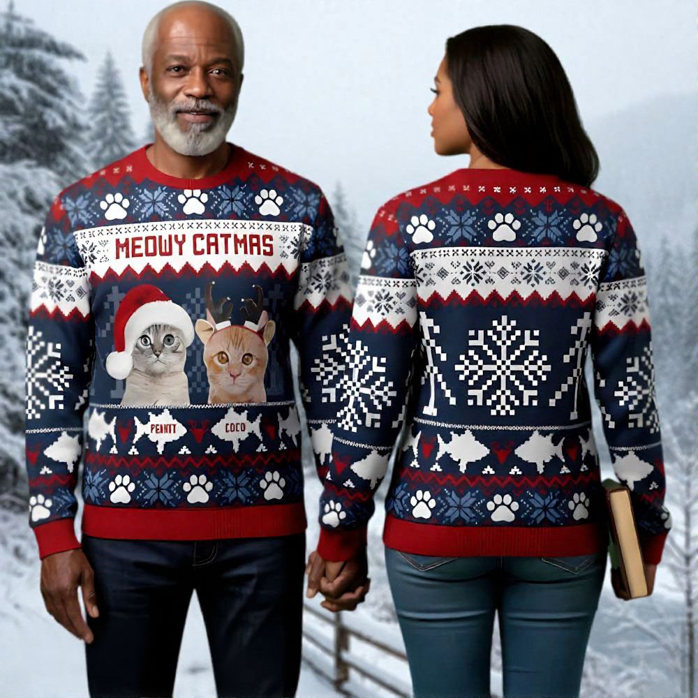 Personalized Meowy Catmas Ugly Christmas Sweater Animal Themed Christmas Gifts For Couples