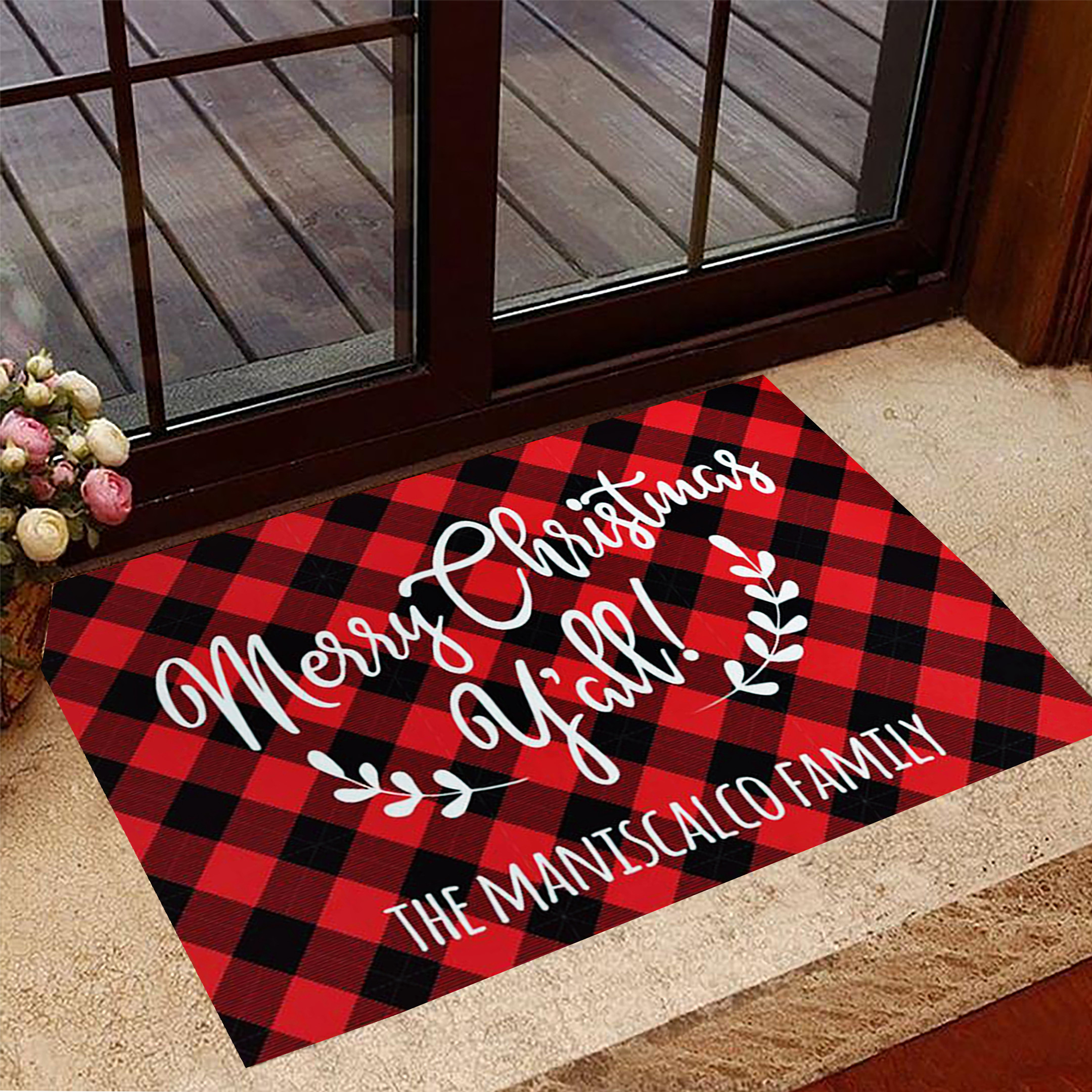 Personalized Merry Christmas Y'all Doormat Buffalo Plaid Holiday Christmas Welcome Mat