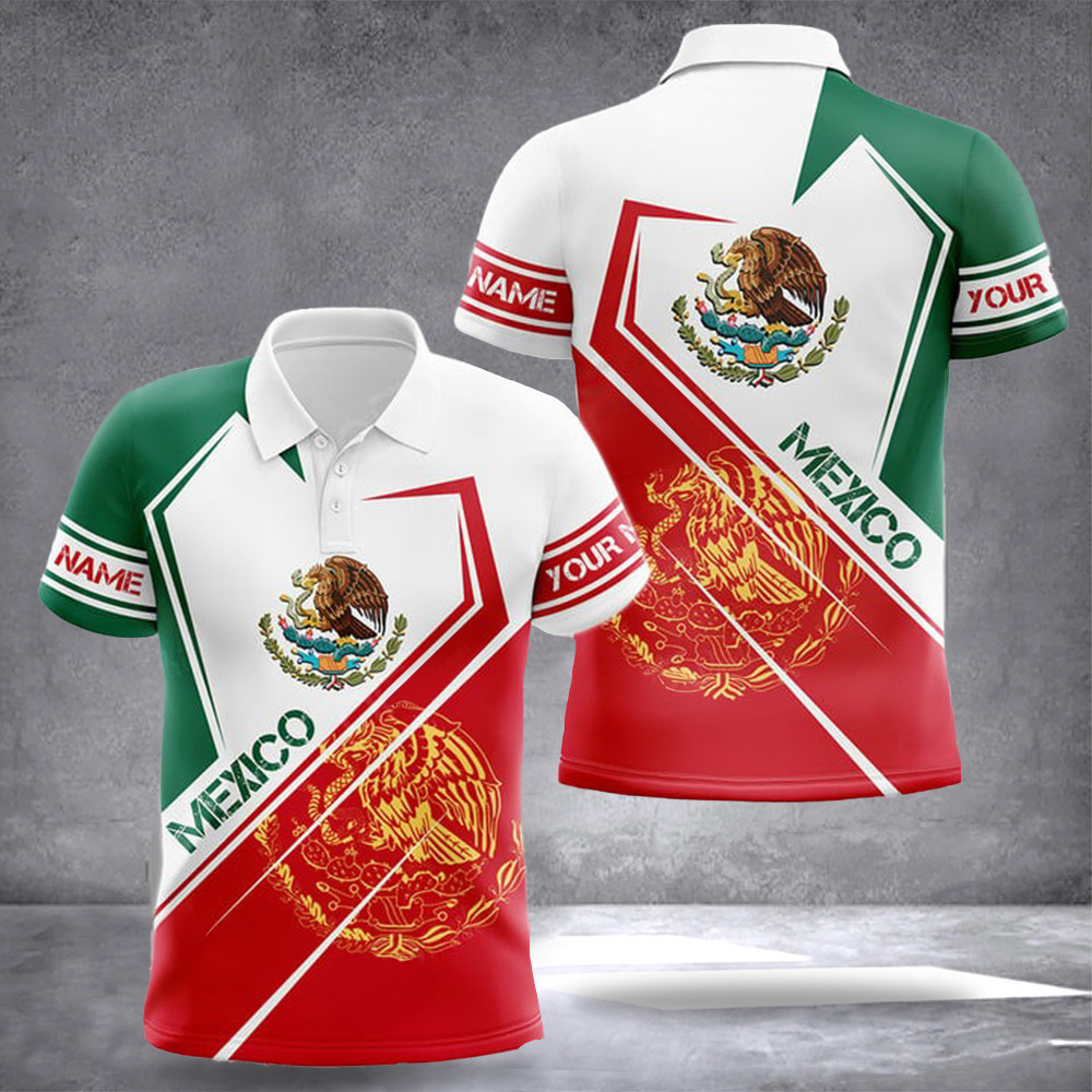 Personalized Mexico Gold Coat Of Arms Polo Shirt Mexico Flag Coat Of Arms Mexican Clothing