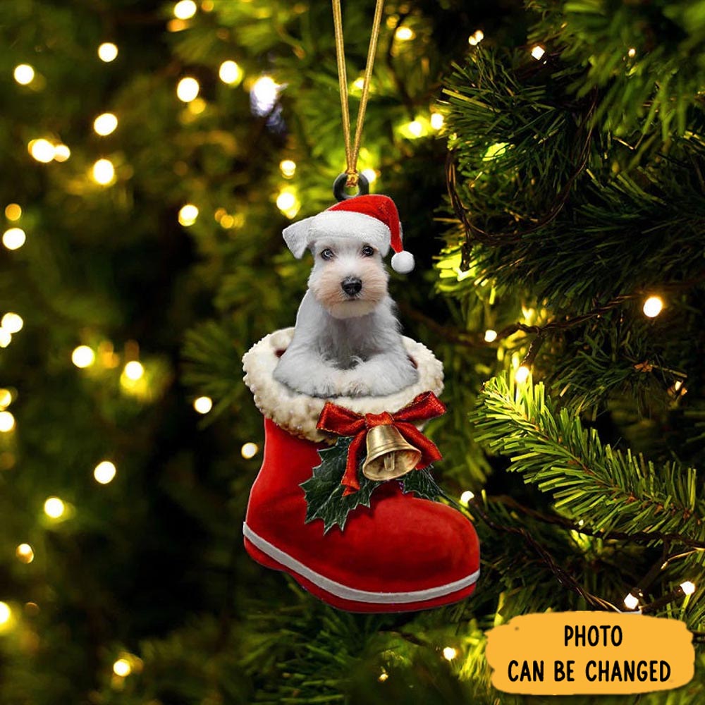 Personalized Miniature Schnauzer Color White In Santa Boot Christmas Hanging Ornament Memorable Anniversary Ornament Keepsake