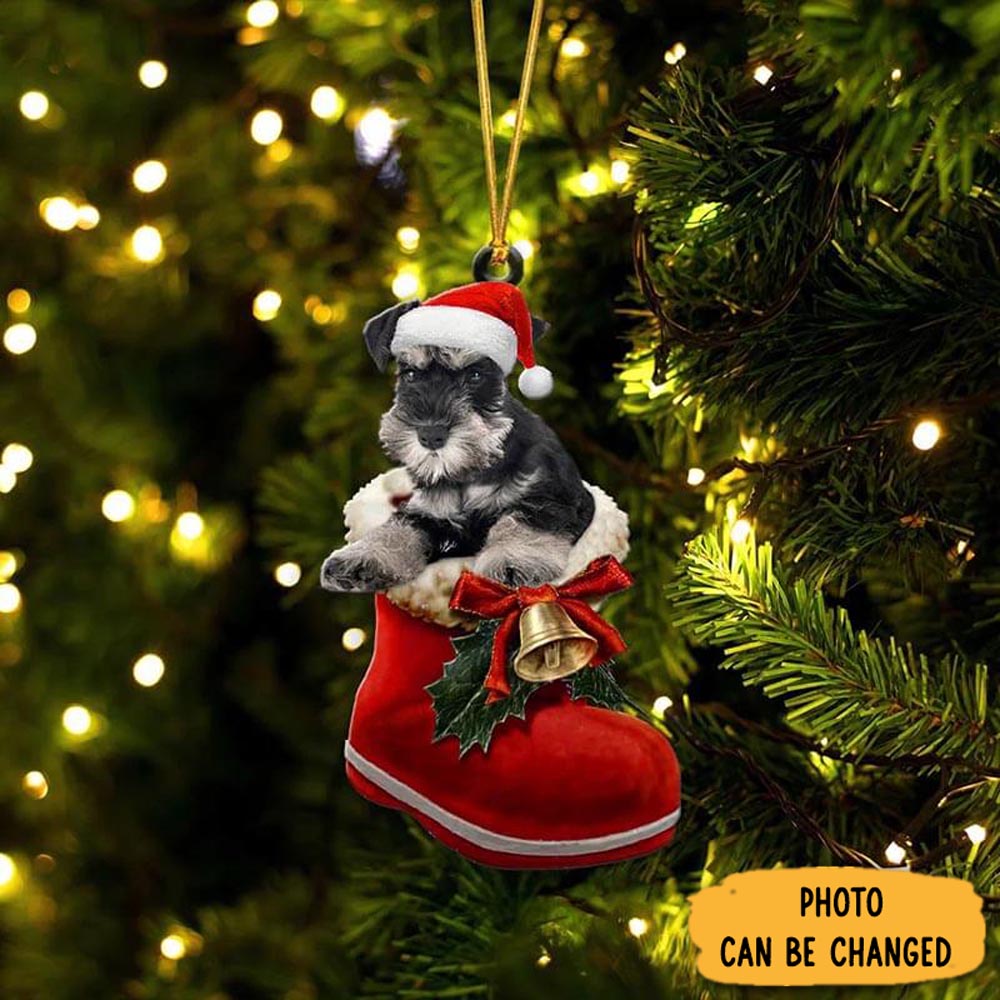 Personalized Miniature Schnauzer In Santa Boot Christmas Hanging Ornament Joyful Holiday Season Ornament Gift