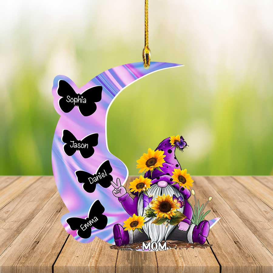 Personalized Mom & Grandma Gnome Ornament with Grandkids Sunflowers Customize Name Moon Shaped Ornament