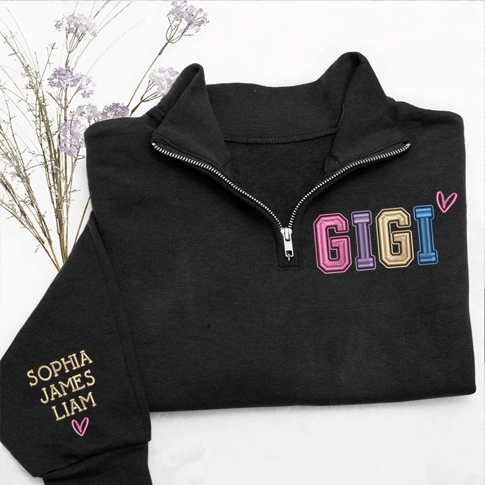 Personalized Mom Quarter Zip Sweatshirt Grandma Heart Pullover Cute Family Gift for Mom