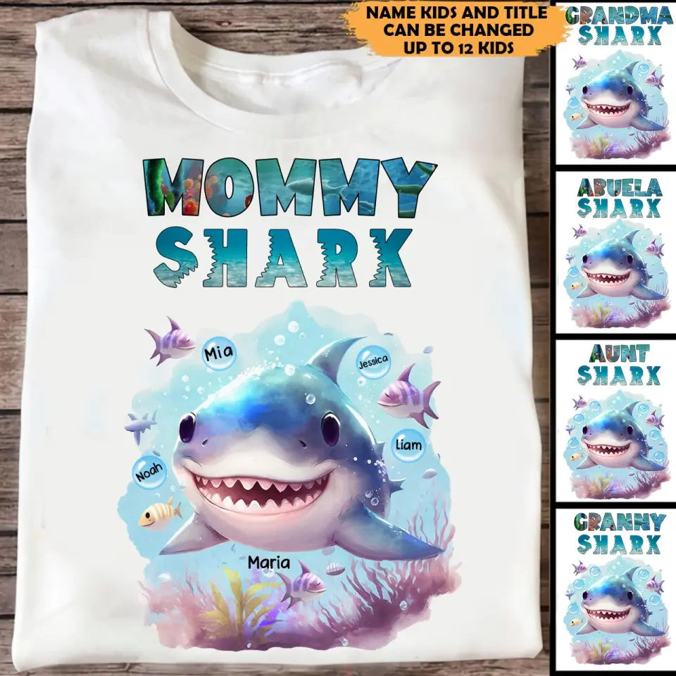 Personalized Mommy Shark Grandma Shark Watercolor With Kid Names T-Shirt Mother's Day Shirt First Time Mom Gifts