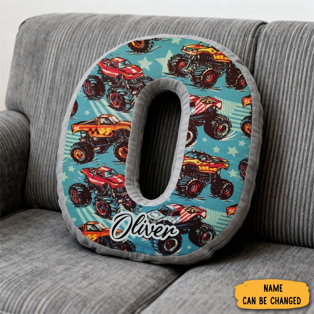 Personalized Monster Truck Initial Pillow With Custom Name Gift For Truck Enthusiasts