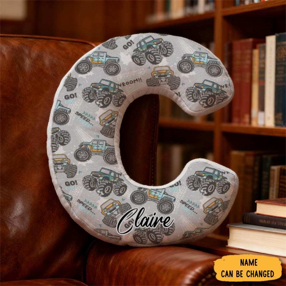 Personalized Monster Truck Racing Initial Pillow With Custom Name Gift For Truck Enthusiasts