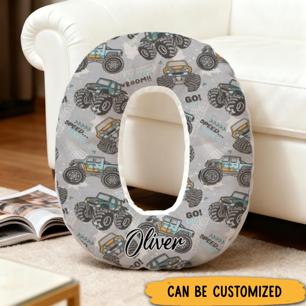 Personalized Monster Truck Racing Initial Pillow with Custom Name Gift for Truck Enthusiasts
