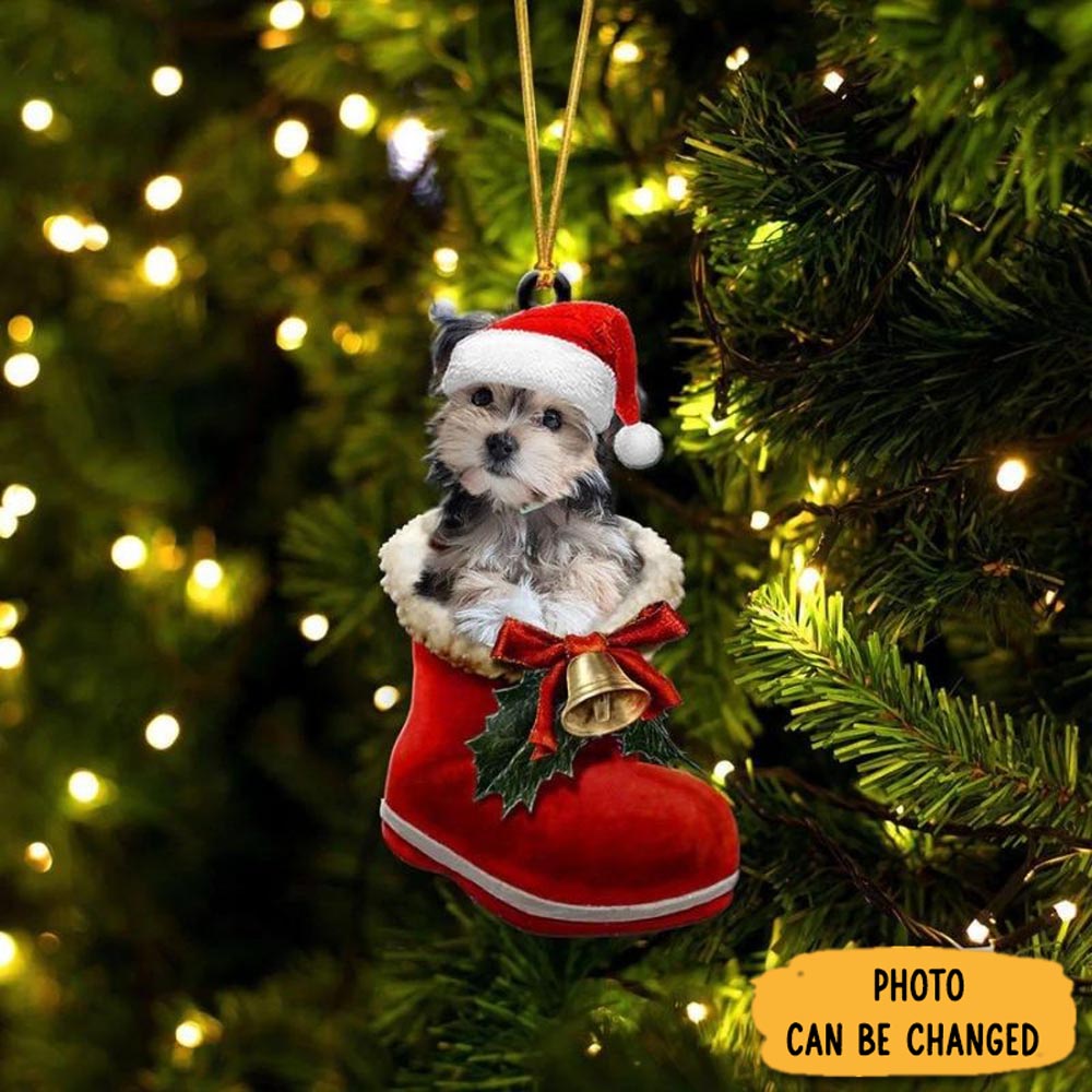 Personalized Morkie In Santa Boot Christmas Hanging Ornament Beautiful Holiday Ornament Keepsake