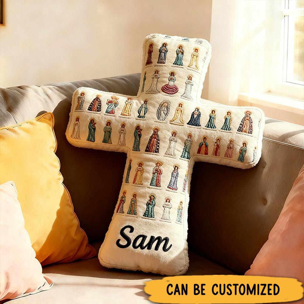 Personalized Mother of God Pray for us Cross Pillow with Custom Name Home Decor Title of Mary Our Lady Graphic 3D Print Pillow Religious Catholic Gift